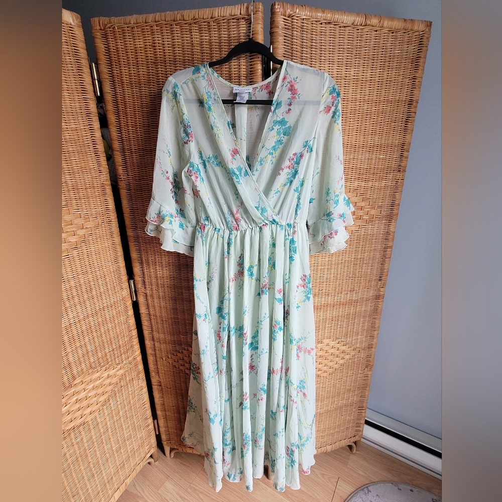 Light Mint Floral Wrap Maxi Dress with Flutter Sleeves